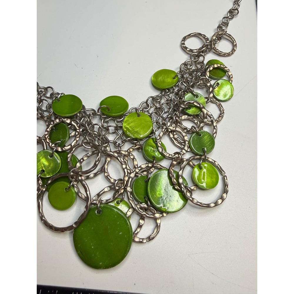 Green Shell Disc Hammered Ring Silver Tone Multi Strand Statement Bib Necklace